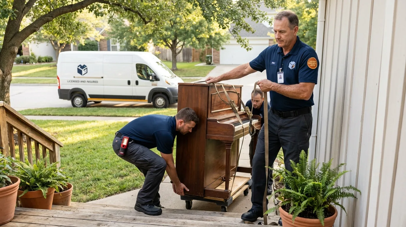 Licensed piano movers securing grand piano in Powell, OH