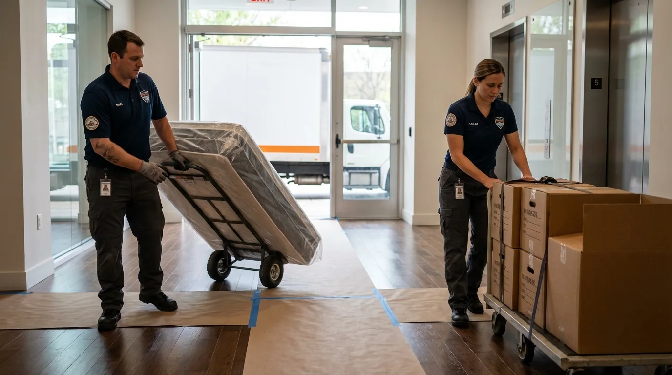 Professional apartment movers loading elevator in Powell, OH